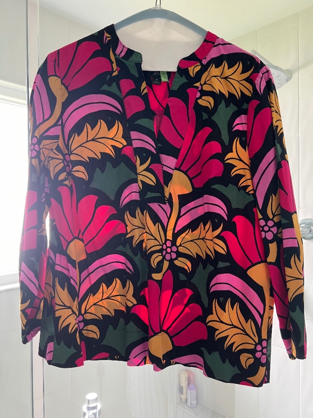 J.Crew Bold Floral Long Sleeve Blouse Pink Green Mustard Black